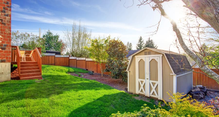 Fenced backyard with storage shed in Corpus Christi