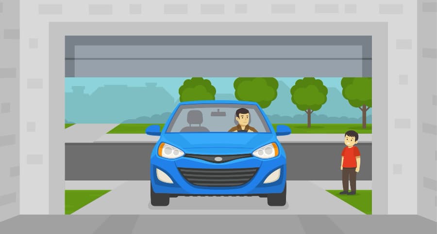 Illustration of a resident driving into the garage with a child waiting nearby.